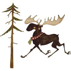 a moose running next to a tall pine tree on a white background in the shape of a christmas ornament