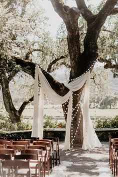 an outdoor ceremony setup with white draping and wooden chairs under a large tree