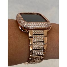 Fits the Apple Watch available for sizes 38,40,41,42,44 and 45mm in series 1,2,3,4,5,6,7,8 or SE Men's and Women's. Rose Gold Apple Watch Band Bling with high quality Swarovski Crystals set in stainless steel with a butterfly buckle. Fits wrist size from 5.5" to 8". Comes with a tool to remove links with instructions. Add a custom Rose Gold 14K Gold Plated Bezel with micro pave lab diamonds. Two bars on the back hold the watch firmly in place, easy to get on and off. Access to all button. **Appl Apple Watch Bands Women, Apple Watch Fashion, Rose Gold Apple Watch, Gold Apple Watch, Gold Apple, Apple Watch Accessories, 38mm Apple Watch Band, Rose Gold Band, Band Bracelet