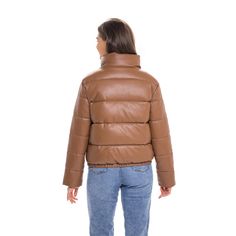 This S.E.B. by SEBBY vegan faux leather puffer jacket offers a feminine and flattering fit at a great price point. Bringing designer details and all-around comfort, this women's puffer coat will not disappoint. This puffer can be worn as a fall jacket and a winter coat even on the chilliest days. Features side entry pockets, taffeta lining, elasticized hem and cuff, and front zip closure. Available in black and toffee (brown) there is a perfect color for everyone. You are sure to fall in love wi Quilted Leather Puffer Jacket For Cold Weather, Fall Leather Puffer Jacket With Padded Collar, Brown Down Puffer Jacket With Padded Collar, Brown Long Sleeve Puffer Jacket With Pockets, Luxury Brown Puffer Jacket With Pockets, Women's Puffer Coats, Leather Puffer Jacket, Puffy Coat, Fall Jackets