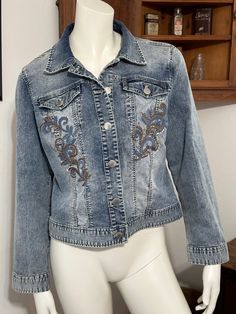 "Dressed-up denim: scrolled embroidery and rhinestone studs make this cropped jean jacket standout chic. Chest pockets Length: 23\" Chest: 21\" 98% cotton, 2% spandex. Machine wash. Imported. Excellent condition. See pictures" Cropped Jean Jacket, Crop Jean Jacket, I See It, Thrift Stores, Garage Sales, Rhinestone Studs, Cropped Jeans, Thrift Store, Jean Jacket