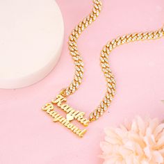 Material: Copper. Color: Gold.  Process: Gold plated.  Chain Length: 14",16",18",20",22".  Recipient: Women, Mom, Wife, Girl Friend, Children.  Product Type: Personalized Jewelry.  Gift Type: Necklace.  Occasions: Christmas, Children's Day, Birthday, etc.  Necklace Type: Necklace.  Brand: Silviax Jewelry. Item: 2022NE0357 Necklace Couple, Children's Day, Girl Friend, Cuban Chain, Child Day, Copper Color, Personalized Necklace, Name Necklace, Chain Lengths