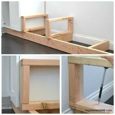 three different views of an unfinished shelf with the bottom section cut out and the bottom section closed