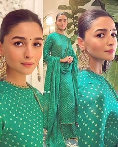 Hairstyles For Salwar, Kurti Makeup Look, Simple Suit Designs, Alia Bhatt Hairstyles, Green Kurti, Two Piece Evening Dresses, Simple Suit, Teen Fashion Trends, Mehndi Outfits