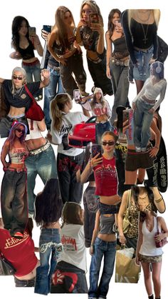 a collage of people with different outfits and hair styles, all dressed in jeans