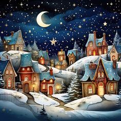 a painting of a snowy village at night with stars and the moon in the sky