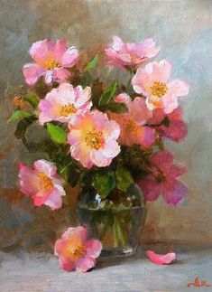 a painting of pink flowers in a vase