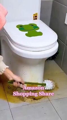 a person cleaning a toilet in a bathroom with the words amazon shopping share on it