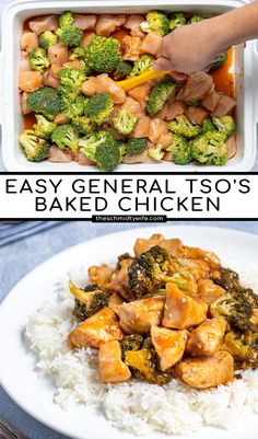 chicken and broccoli in a white casserole dish with text overlay reading easy general tso's baked chicken