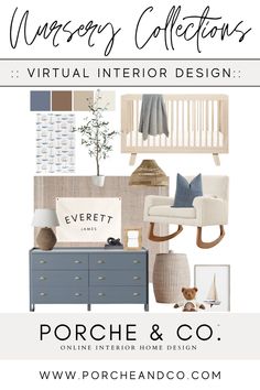 a collage of furniture and decor items with the words, nursery collections virtual interior design porche & co