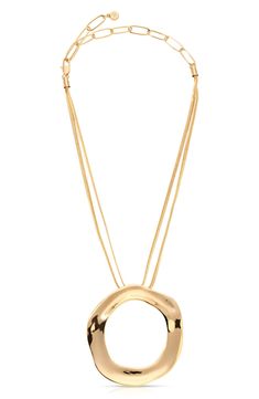 Bring focal shine to any outfit with this endlessly layerable necklace showcasing a sculptural open circle pendant. 11" length; 5" extender; 2 1/4" diameter pendant Lobster clasp closure 18k gold plate or silver plate Imported Modern Gold Necklaces With Detachable Pendant, Gold-tone Plated Chain Necklace With Round Pendant, Modern Gold Necklace With Detachable Pendant, Modern Gold Necklace With Large Pendant, Chic Gold Jewelry With Detachable Pendant, Modern Gold Chain Necklace With Oval Pendant, Elegant Gold Open Circle Necklace, Adjustable Gold Open Circle Jewelry, Gold Clavicle Chain Jewelry In Open Circle Shape