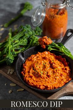 Romesco dip in a small black pan surrounded by broccoli spears, with a bottle of sauce in the background. Roasted Vegetable Dip, Roasted Capsicum Dip, Romesco Dip, Feta Pizza, Homemade Sausage Rolls, Cauliflower Steak, Amazing Drinks, Fast Meals, Healthy Cheesecake