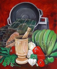 an oil painting of vegetables and cooking utensils