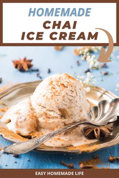 homemade chai ice cream on a plate with spoons