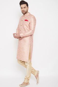 Buy Men's Woven Design Sherwani Set in Pink Royal Sherwani, Pink Sherwani, Silk Churidar, Indo Western Dresses, Traditional Wear For Men, Indian Traditional Wear, Festive Wedding, Brocade Blouses, Sequin Blouse