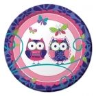 an image of two owls with butterflies on their faces in pink and blue paper plates