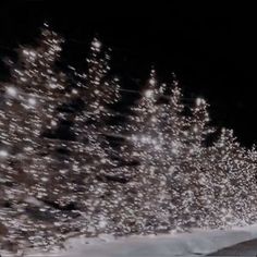 a man riding skis down a snow covered slope at night with lights on the trees