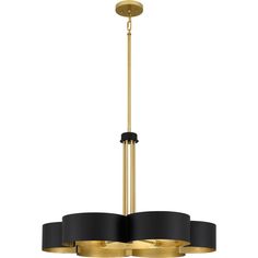 a black and gold chandelier hanging from a ceiling fixture with three circular lights