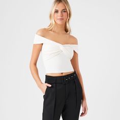 Forever 21 Off The Shoulder Twist Crop Ivory Top New Chic Cream Tops For Night Out, Chic Cream Top For Night Out, Cream Tops For Spring Night Out, Chic Cream Crop Top, Chic Cream Crop Top For Day Out, Trendy Off White Tops For Day Out, Trendy Off White Top For Day Out, Grey Hoodies Womens, Mock Dress