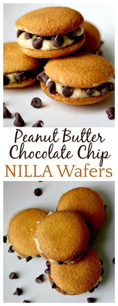 peanut butter chocolate chip nilla wafers are stacked on top of each other and the words, peanut butter chocolate chip