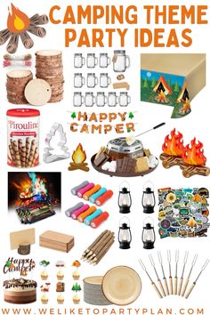 camping theme party ideas including campfires, marshmallows, and more