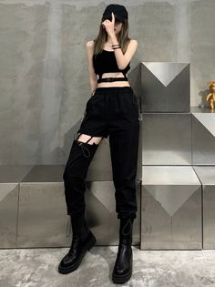 Can be worn as a costume or an edgy outfit  Match this with a cropped slim-fit top  Garterized waistband that perfectly hugs your body  With functional side pockets Casual Fitted Cargo Pants For Alternative Fashion, Black Cropped Bottoms With Pockets, Edgy Spring Pants With Pockets, Cropped Black Bottoms With Pockets, Cotton Punk Bottoms For Night Out, Edgy Cropped Cotton Bottoms, Edgy Pants With Belt Loops For Spring, Edgy Spring Pants With Belt Loops, Black Cropped Cotton Bottoms