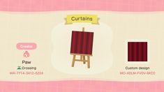 an animal crossing character is standing in front of a painting easel with curtains on it