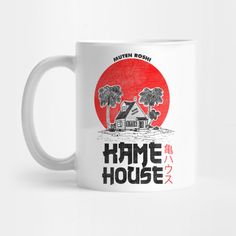 a white coffee mug with the words home house in front of a red sun and palm trees