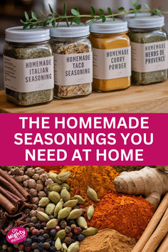 Jars of homemade Italian seasoning, taco seasoning, curry powder, and herbs de Provence with spices and herbs spread out below Homemade Spice Mixes Gift, Make Your Own Mixes, Pre Mix Recipes, Spice Mix Gift, Herbs Seasoning, Kitchen Restock, Cooking Spices, Curry Spice, Spice Rubs