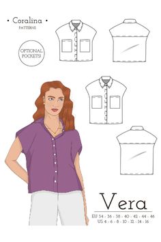 Vera is a very versatile button-up shirt. It comes with optional pockets and, you can choose between two lengths (cropped and regular). This is a kimono shirt, so you don't need to sew any sleeves! #toppattern #shirtpattern #sewing #easytosew #capsulewardrobe Flare Dress Pattern, Prom Dress Pattern, Satin Button Up, Kimono Shirt, Evening Gown Dresses