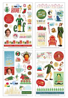 four christmas stickers are shown in three different colors and sizes, including one with an elf