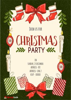 a christmas party flyer with presents and ornaments on it's border, including red bows