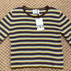 New With Tags Zara Girl’s Striped Long-Sleeve Sweater. Crew Neck And Stretchy For Easy Pull On Styling. Ribbed, Colorful Stripes! Super Soft! Size: Girl’s 13-14 Color: Horizontal Stripes Of Light Blue, Yellow, Purple And Brown. Boys Knit Sweaters, Zara Knitwear, Purple And Brown, Heart Cardigan, Baby Boy Knitting, Polka Dot Sweater, Blue Knit Sweater, Zara Shirt, Hoodie Cardigan