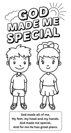 a coloring page with two children and the words god made me special on it's back