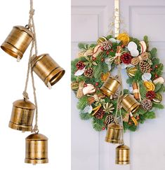 christmas wreath with bells hanging from it and an image of a wreath on the door