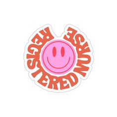 an orange and pink sticker with the words happy face drawn in red on it