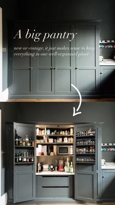 an open pantry with lots of bottles and spices in the cupboards next to it