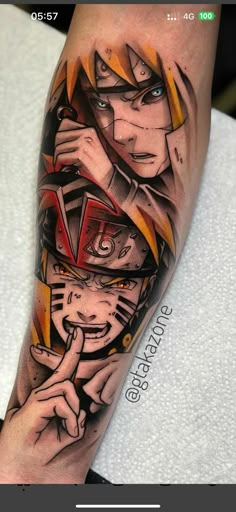 a man's leg with an anime character on it and his hand pointing at the viewer