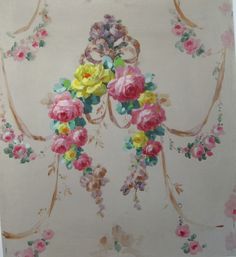 a painting of pink, yellow and red flowers on a white background with gold trim