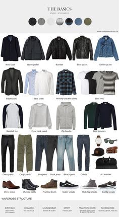 The perfect basic men’s wardrobe: the cheat sheet. Minimalist Wardrobe Men, Capsule Wardrobe Men, Men's Capsule Wardrobe, Mens Wardrobe Essentials, Minimalist Moda, Minimalist Fashion Men, Mens Fashion Edgy, Stylish Men Casual, Mens Casual Dress Outfits