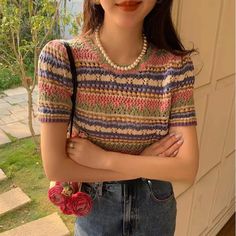 Retro Knitted Hollow Out Striped Slim Shirts – Nada Outfit Land Y2k Ulzzang, Women Crop Tops, Coachella Valley, T Shirts Women, Ulzzang Fashion, Women Shirt, Knitted Tshirt, Crop Shirt, Shirt Sale