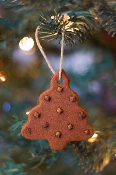 a christmas ornament hanging from a tree