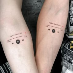 two people with matching tattoos on their arms, one has music notes and the other has headphones