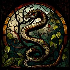 a stained glass window with a snake on it