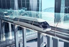 a high speed train traveling through a futuristic city