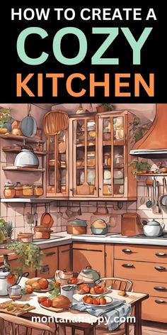 Illustration of a Cozy Kitchen. Text says, "How to Create a Cozy Kitchen montanahappy.com"