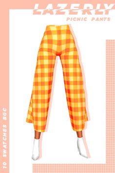 an orange and yellow checkered pants with white socks on the bottom, in front of a pink background