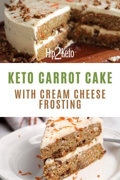 a cake with cream cheese frosting and carrots on top is cut into pieces