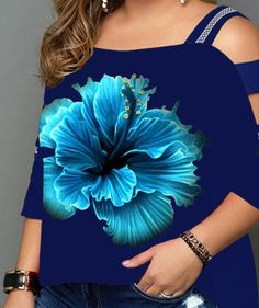 Print Floral Cold Shoulder 3/4 Sleeves Casual Plus Size T-shirts Blue Half-sleeve Summer Tops, Summer Half-sleeve Printed Tops, Summer Half Sleeve Printed Tops, Printed Half Sleeve Tops For Summer, Blue Half Sleeve T-shirt For Spring, Blue Summer Top With 3/4 Sleeves, Blue Top With 3/4 Sleeves For Summer, Summer 3/4 Sleeve Tops With Graphic Print, Casual 3/4 Sleeve Summer T-shirt