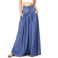 These denim pants are EVERYTHING! Featuring a pleated waist, a button-up fly and wide leg flare pants. These pants pair perfectly with wedges or sandals and a cropped top or bodysuit. Made with a blend of denim and cotton for comfort and style and comes in two fabulous denim colors from which to choose. Feminine Skirt, Blue Denim Pants, Casual Wide Leg Pants, Spring Skirts, Maxi Robes, Baggy Pants, Yoga Shorts, Denim Flares, Komplette Outfits